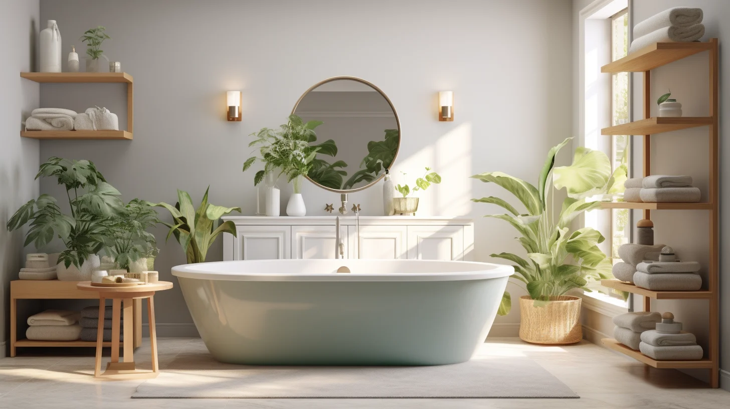 A bathroom with a bathtub and plants.