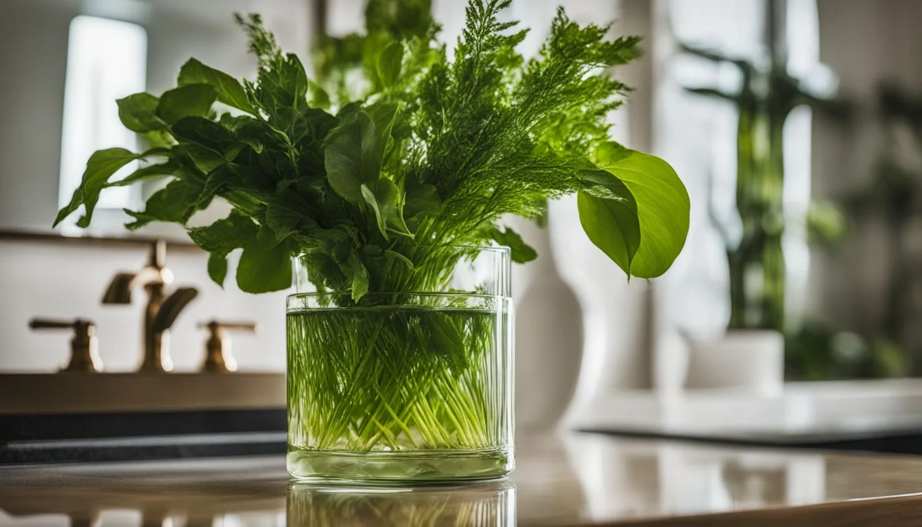 Fresh herbs in a glass vase on a counter.