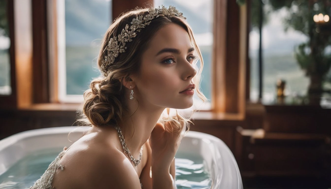 A beautiful woman in a bath tub with a wedding tiara.