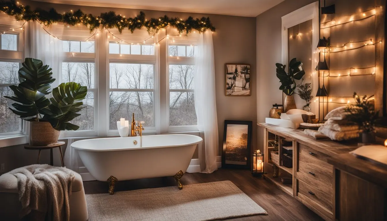 A bathroom with christmas lights and a tub.