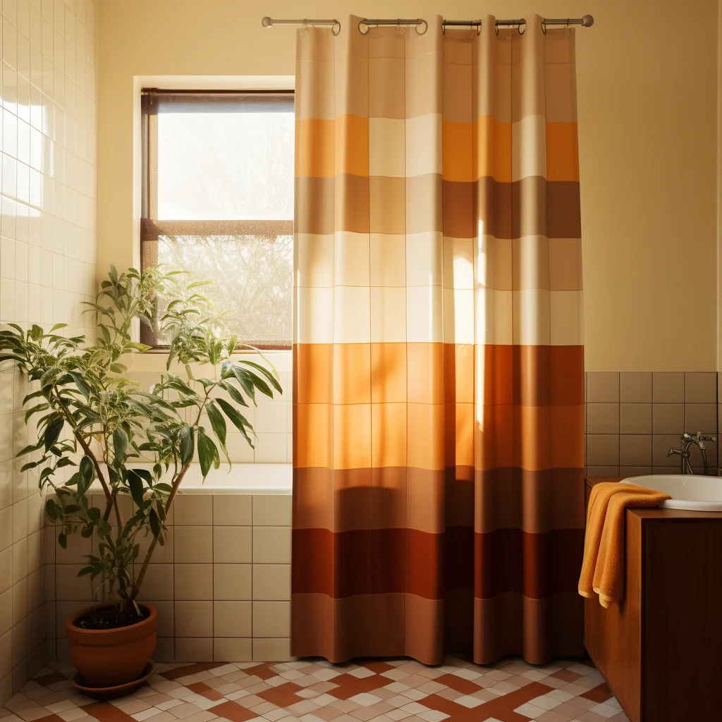 a tiled bathroom with a brown shower curtain