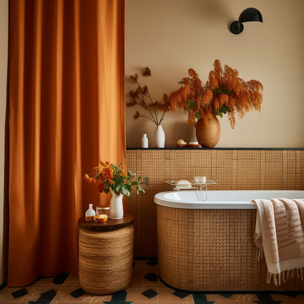 a bathroom with a brown shower curtain, tiled walls and baskets, color blocked