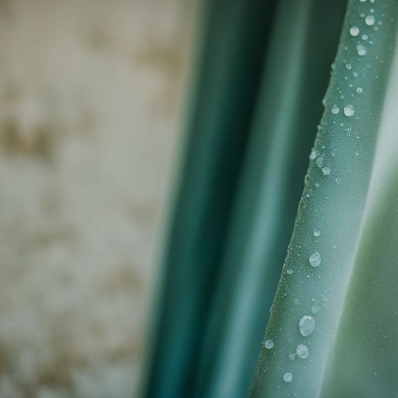 Water droplets on a moldy green shower curtain.