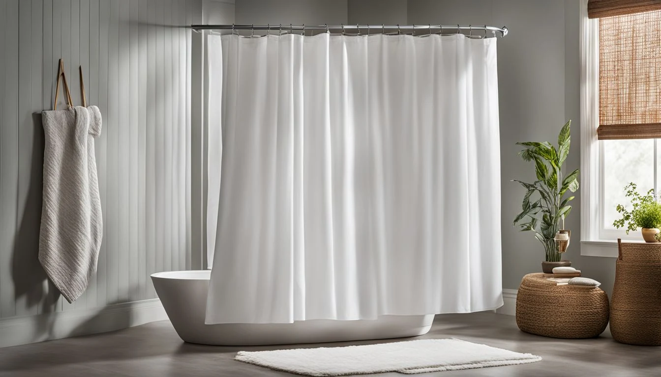 A white and mold-free shower curtain is hanging in a bathroom.
