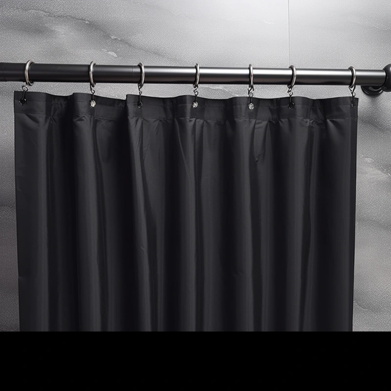 A black shower curtain hanging on a wall without drilling.
