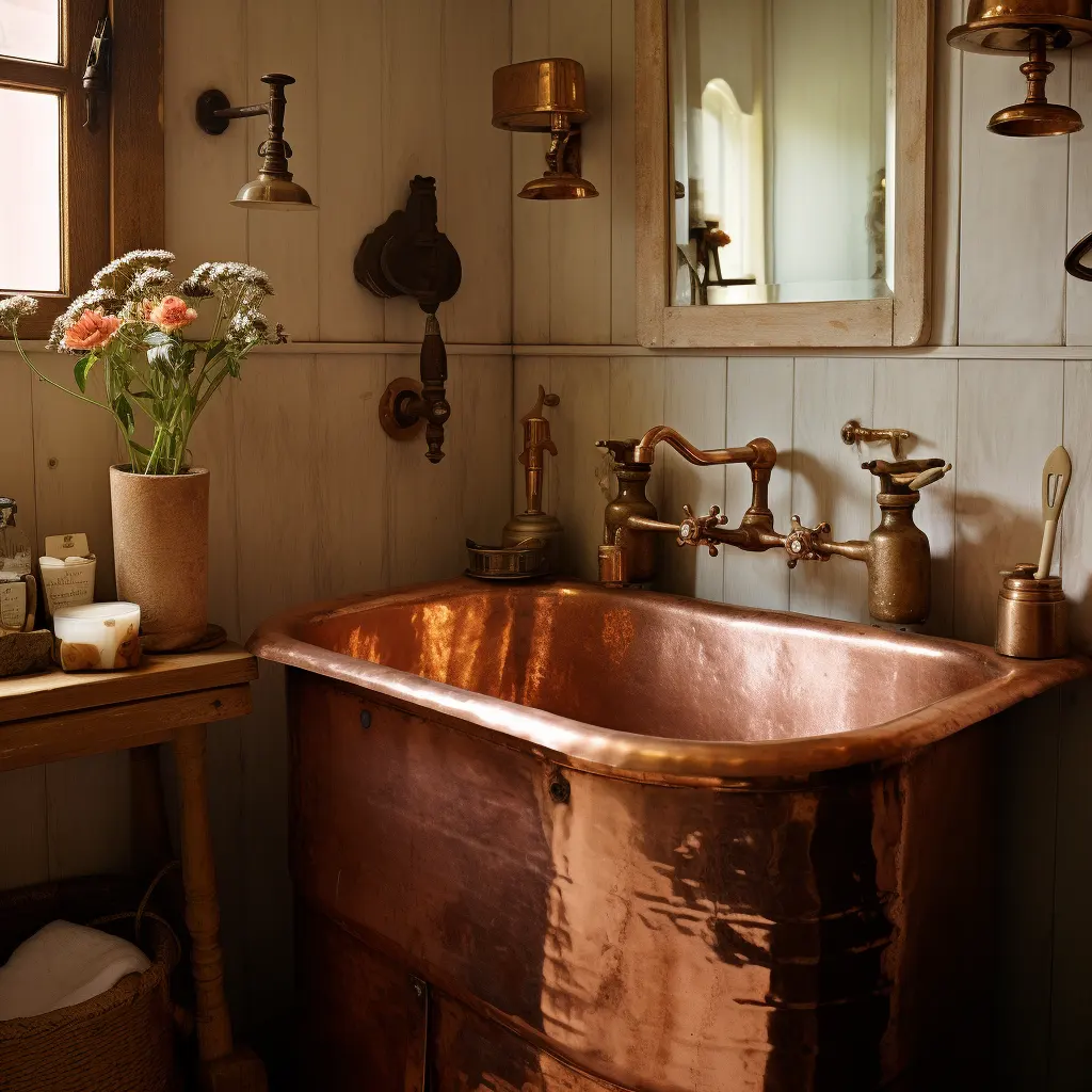 A bathroom with a copper sink.