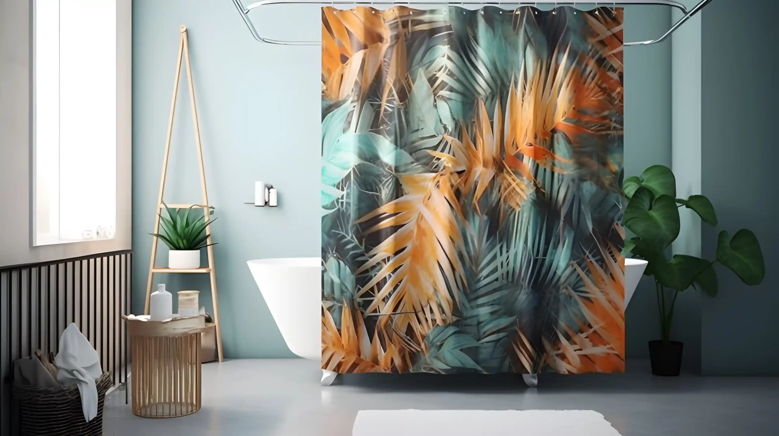 are cotton shower curtains good？A tropical-themed bathroom with a cotton shower curtain.