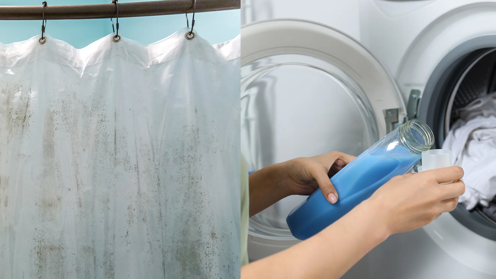 Are fabric shower curtain liners better than plastic? Two pictures of a woman washing clothes in a washing machine.