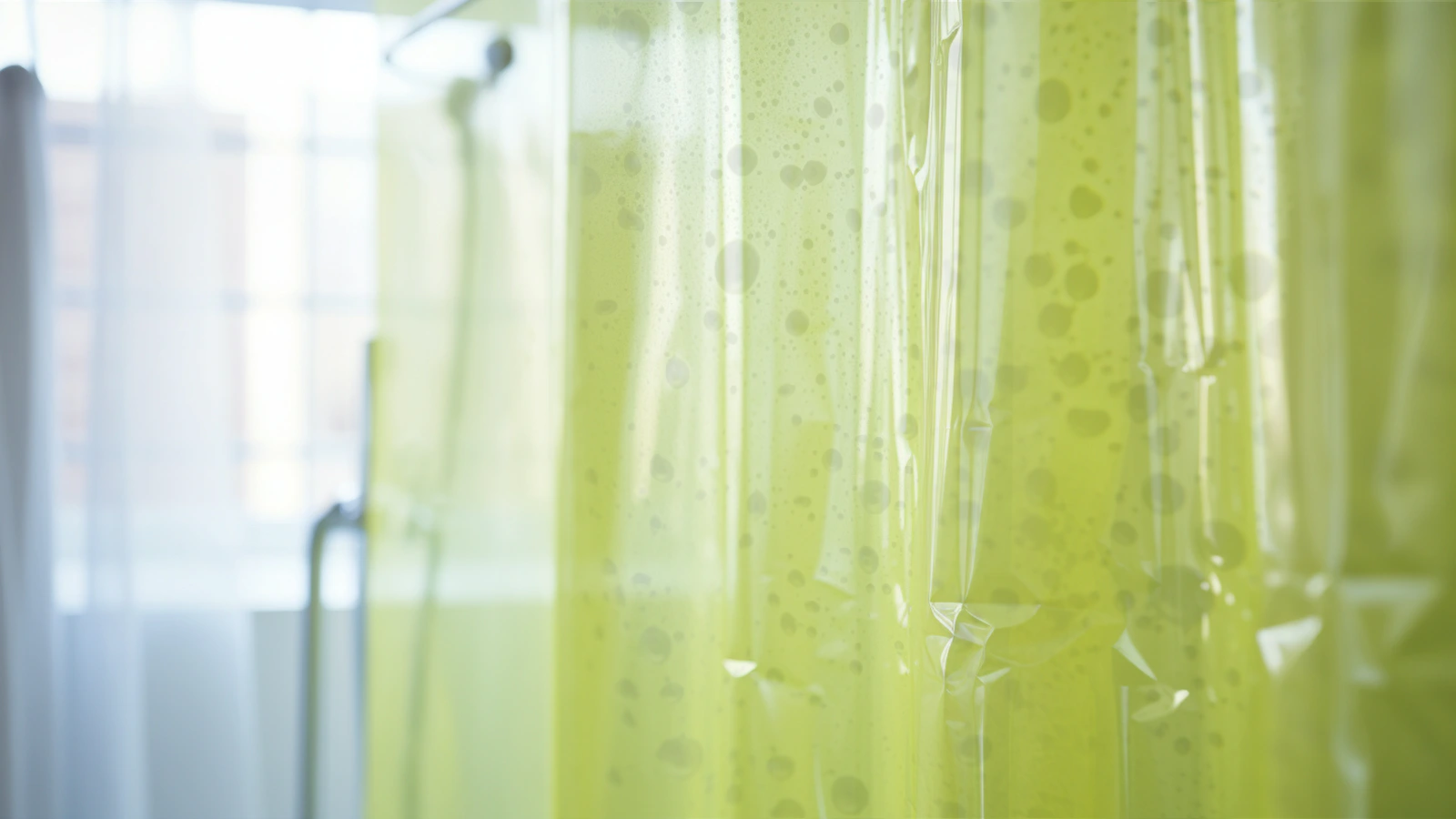 Are Plastic Shower Curtains Bad for You? A bathroom with a yellow shower curtain.