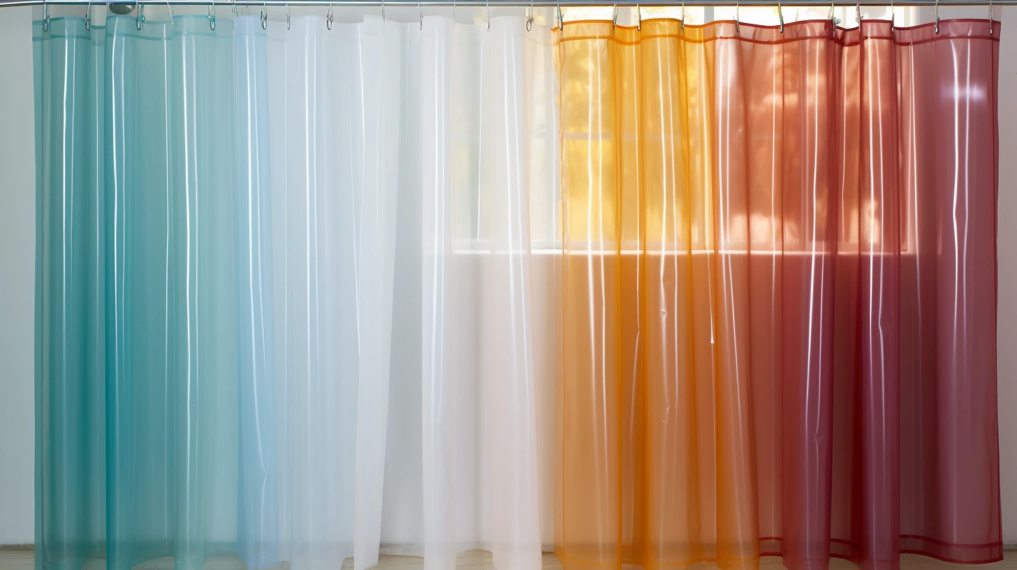 Are Plastic Shower Curtains Bad for You? A colorful shower curtain with metal hooks.