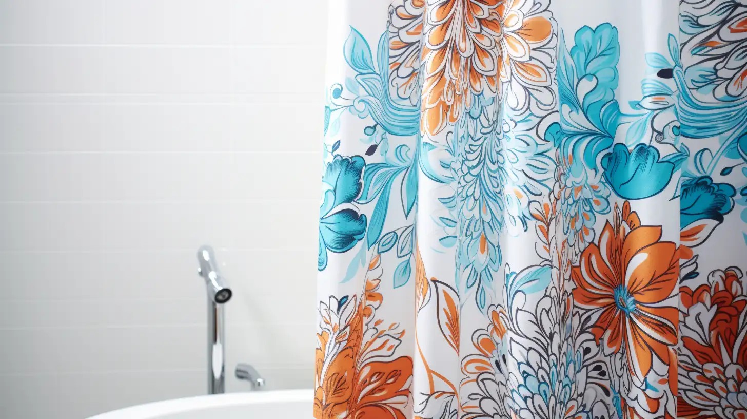 Are Plastic Shower Curtains Bad for You?A bathroom with a blue and orange floral shower curtain.