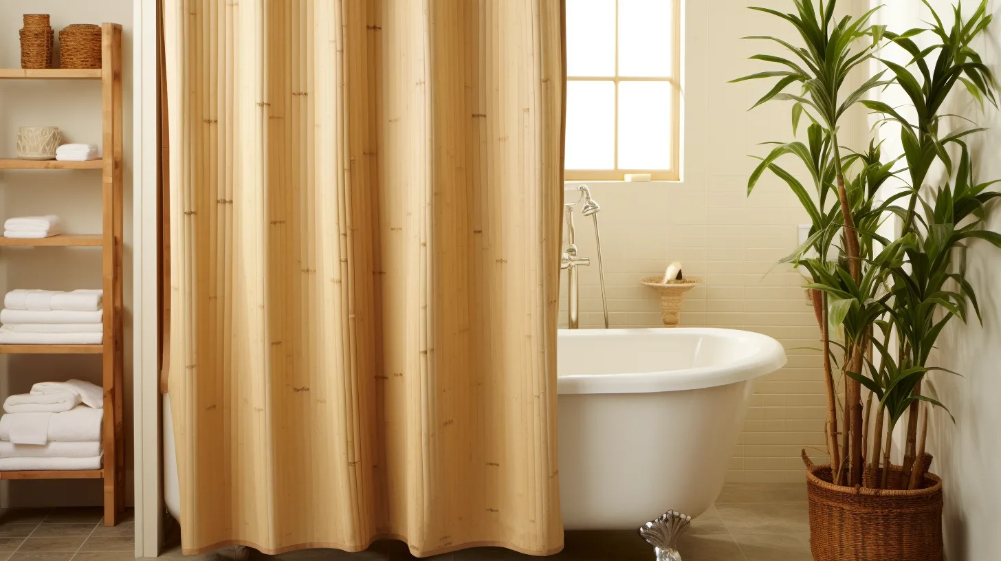 Are Plastic Shower Curtains Bad for You?A bathroom with a tan shower curtain and a potted plant.