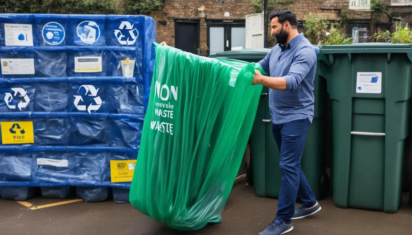 Are Plastic Shower Curtains Recyclable? A man with a green garbage bag in front of a recycling bin.