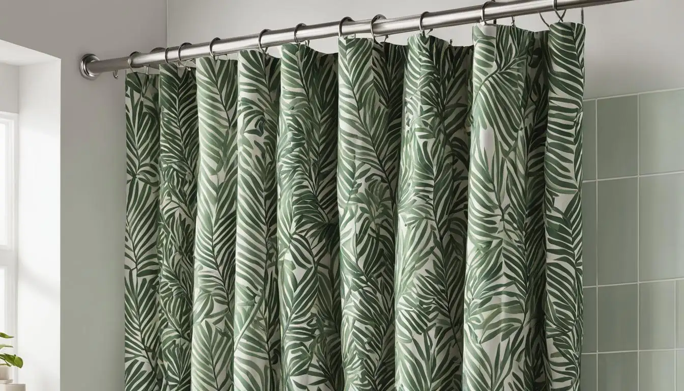 Are Plastic Shower Curtains Recyclable? A green and white shower curtain with palm leaves on it.