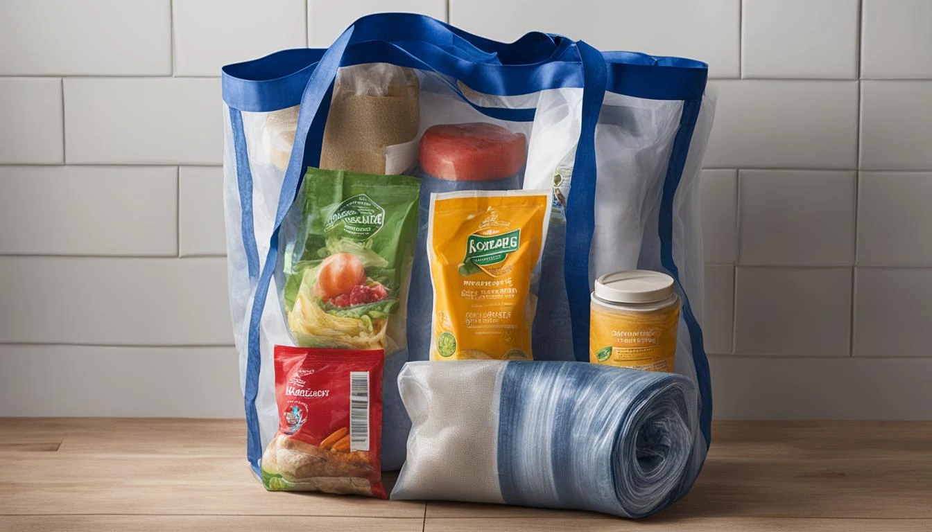Are Plastic Shower Curtains Recyclable? A blue shopping bag filled with food and other items.