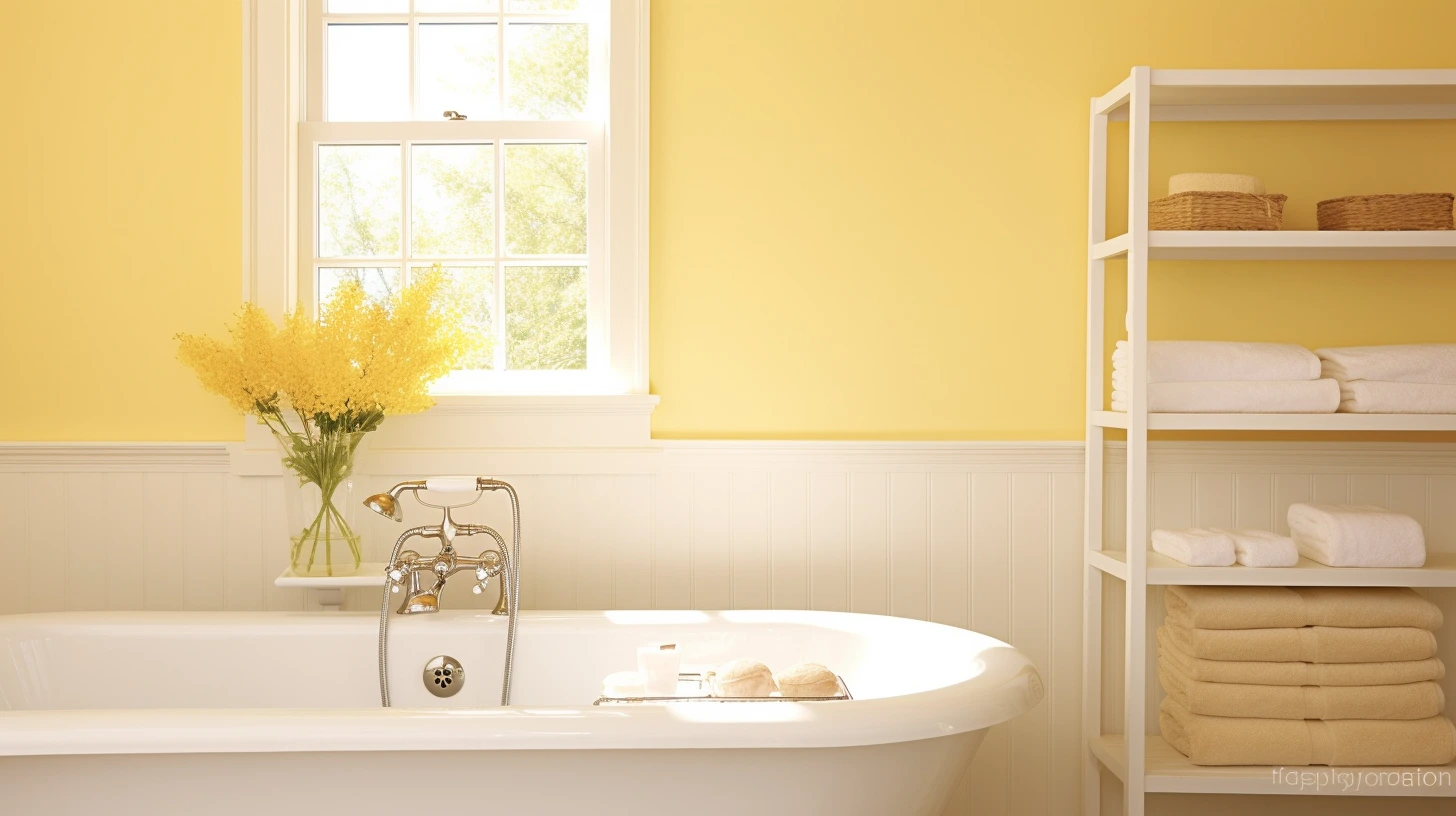 Bathroom Decor for Yellow Walls: A bathroom with yellow walls and a white bathtub.