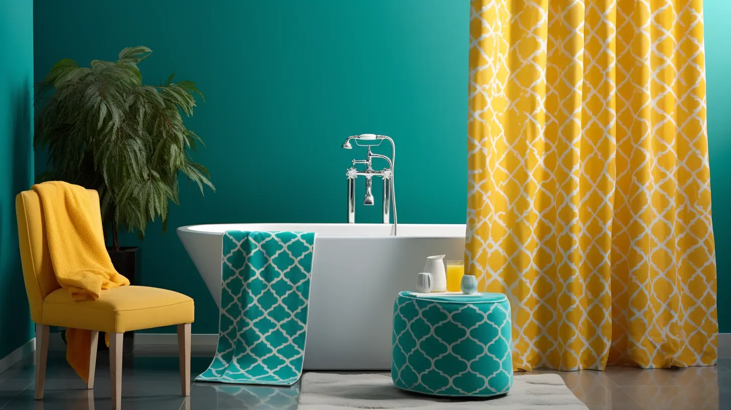 Bathroom Decor for Yellow Walls: A bathtub with yellow shower curtain and a green chair.