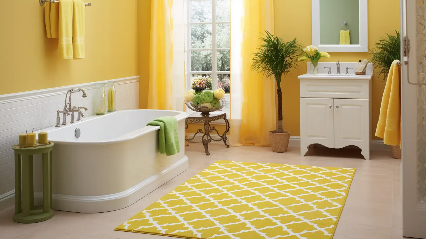 Bathroom Decor for Yellow Walls: A bathroom with yellow curtains and a tub and a rug.