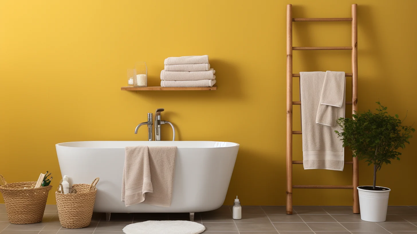 Bathroom Decor for Yellow Walls: A bathtub and towels in a bathroom.
