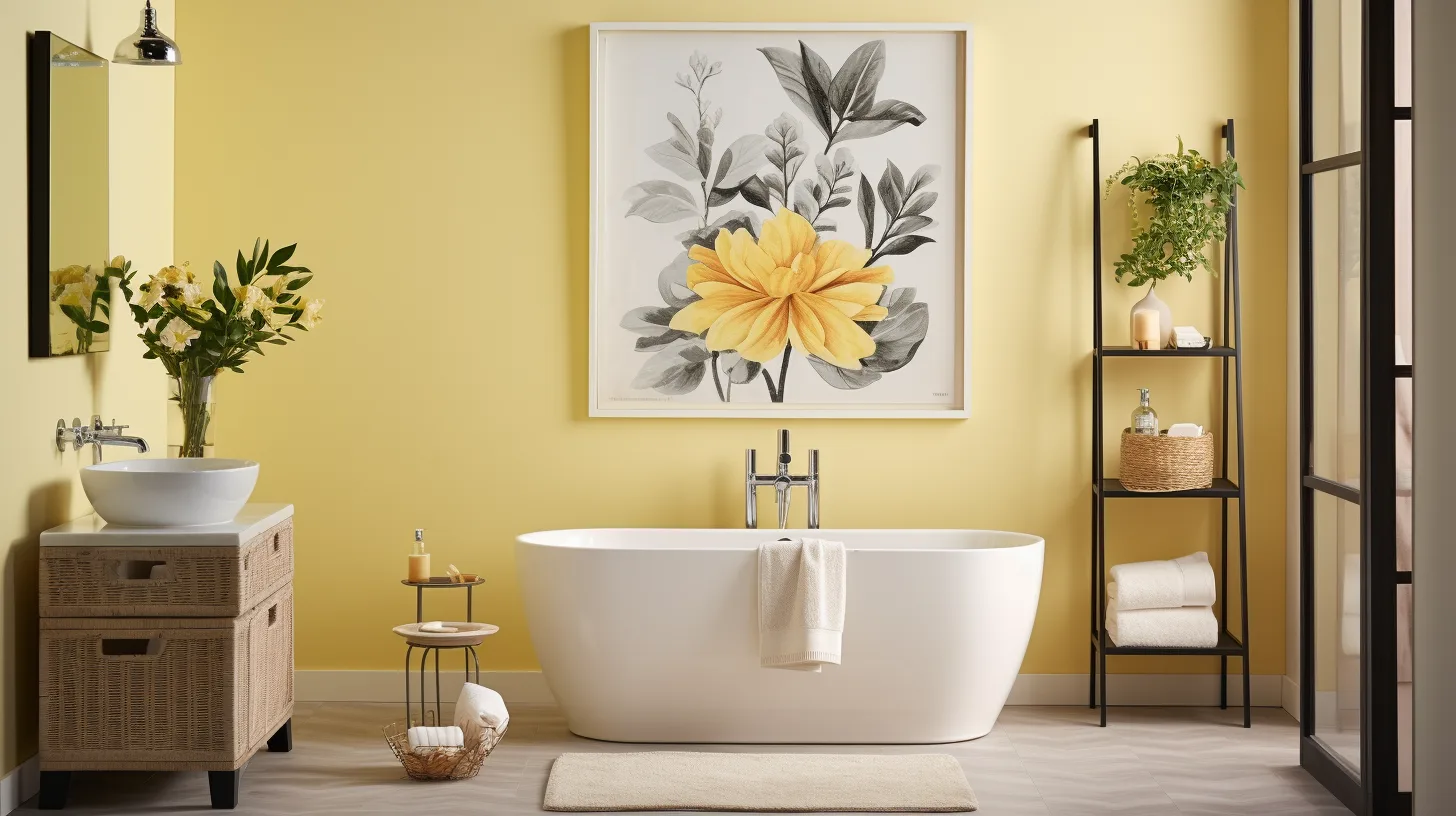 Bathroom Decor for Yellow Walls: A bathroom with yellow walls and a white bathtub.