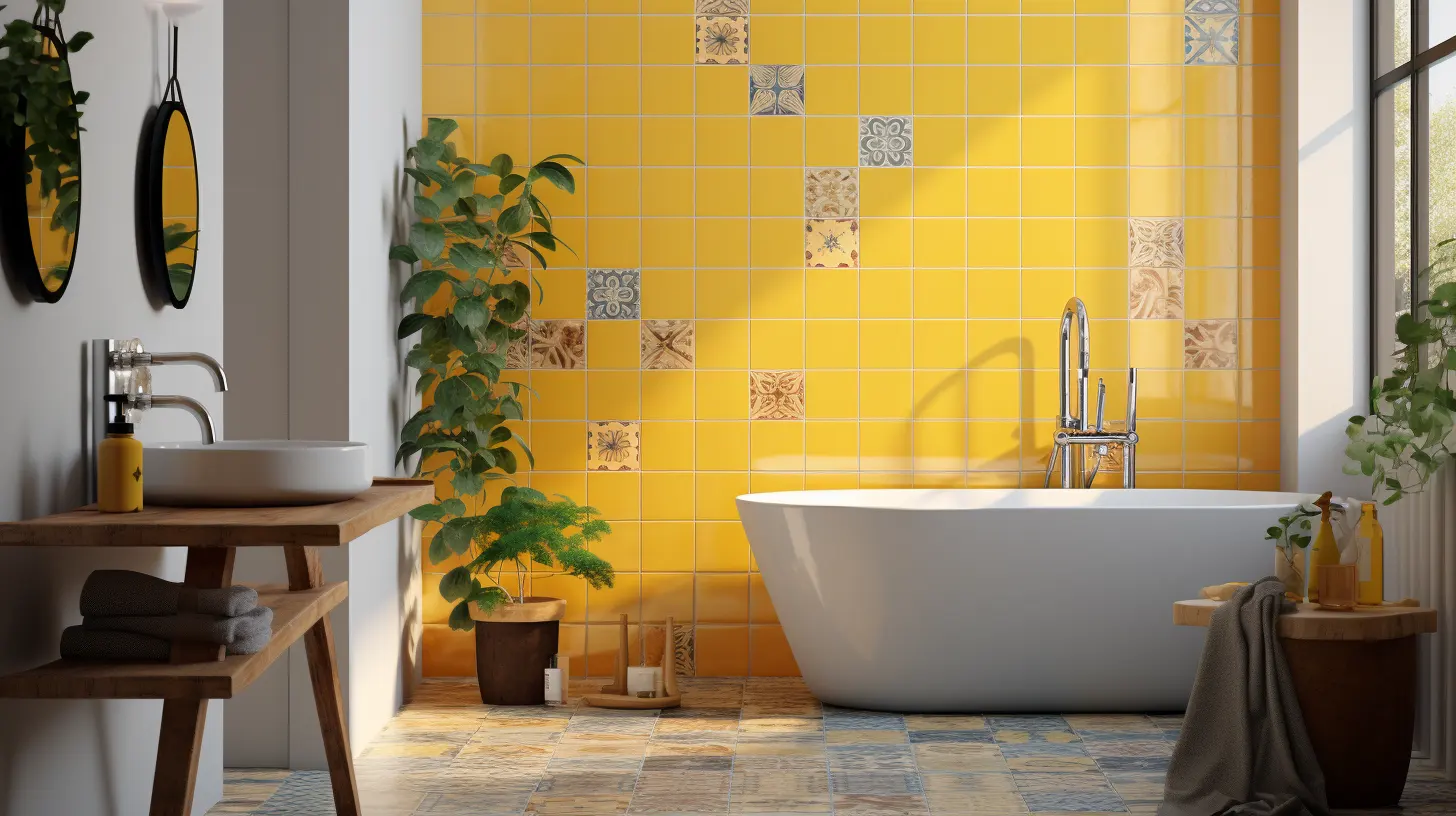Bathroom Decor for Yellow Walls: A bathroom with a tub and a plant.