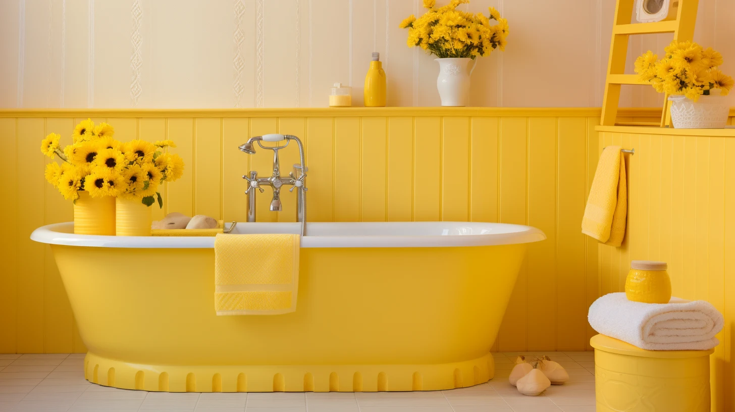 Bathroom Decor for Yellow Walls: A bathroom with yellow walls and a bathtub filled with sunflowers.