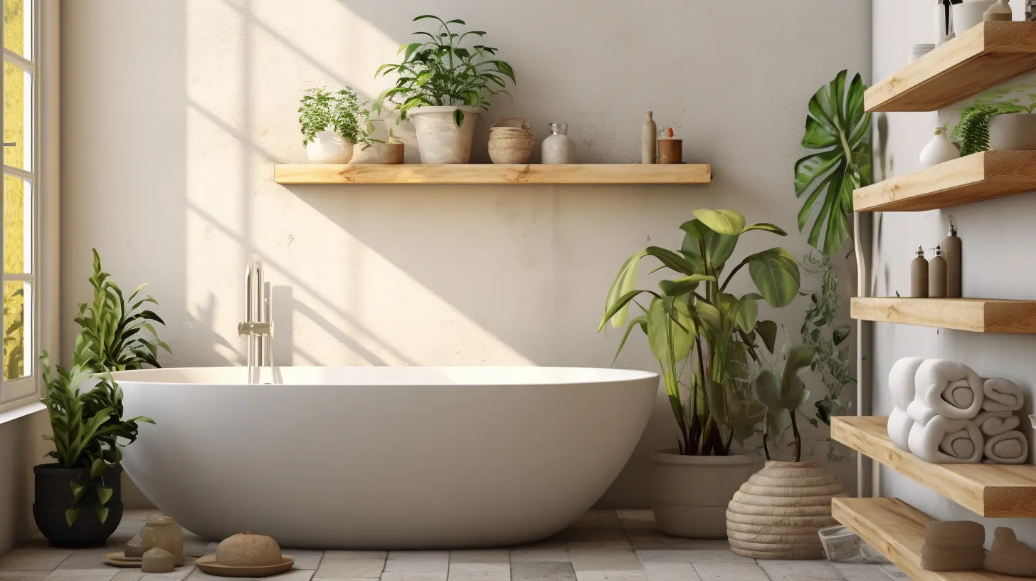 Bathroom Decor for Yellow Walls: A white bathroom with lots of plants and shelves.