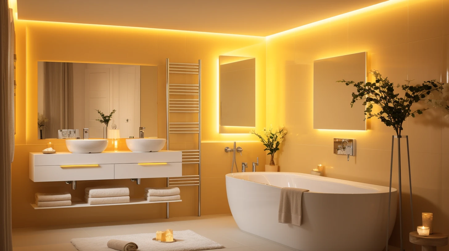 Bathroom Decor for Yellow Walls: A bathroom with yellow lighting and a bathtub.