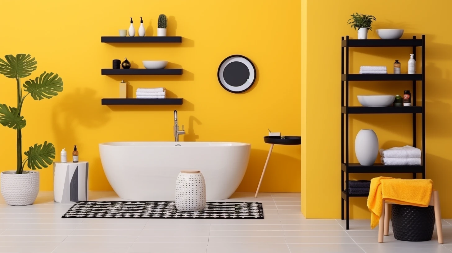 Bathroom Decor for Yellow Walls: A bathroom with a yellow wall and black shelves.