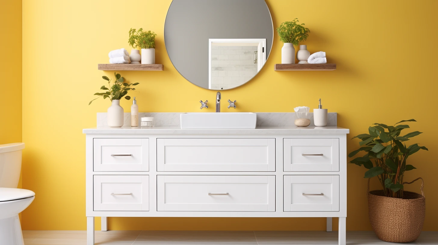 Bathroom Decor for Yellow Walls: A bathroom with yellow walls and a white vanity.
