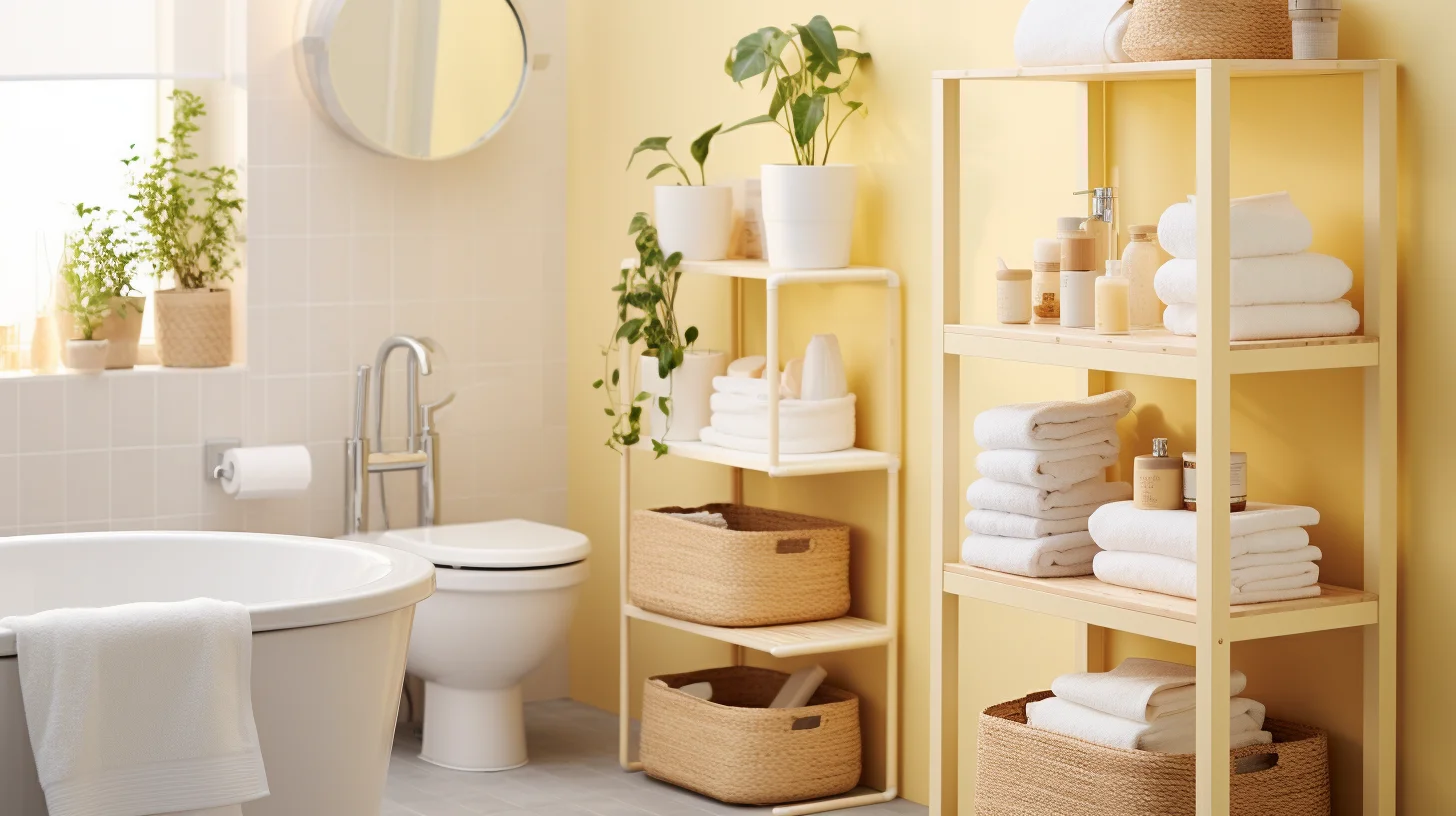 Bathroom Decor for Yellow Walls: A bathroom with yellow walls and shelves full of towels.