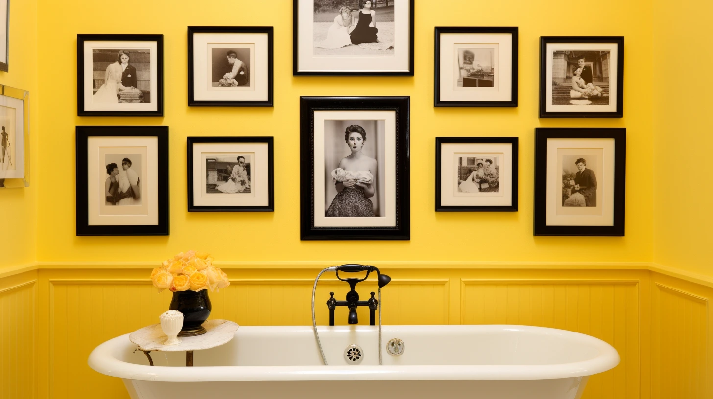 Bathroom Decor for Yellow Walls: A yellow bathroom with framed pictures and a bathtub.
