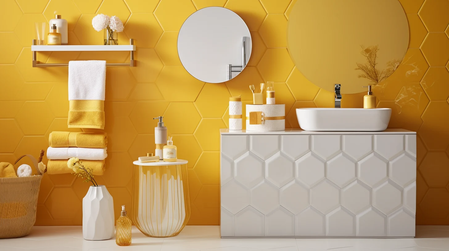 Bathroom Decor for Yellow Walls: A bathroom with yellow walls and white furniture.