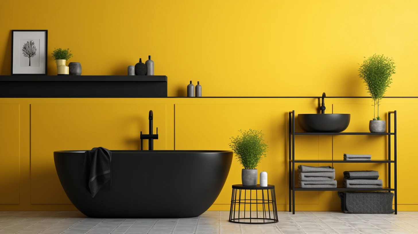 Bathroom Decor for Yellow Walls: A black tub and sink in a yellow bathroom.