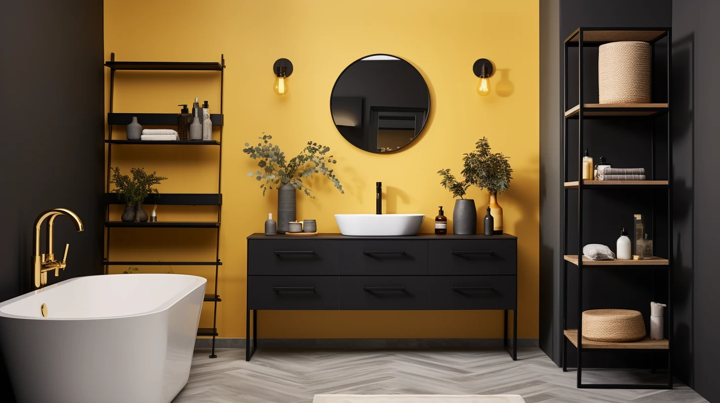 Bathroom Decor for Yellow Walls: A bathroom with yellow walls and a sink and a tub.