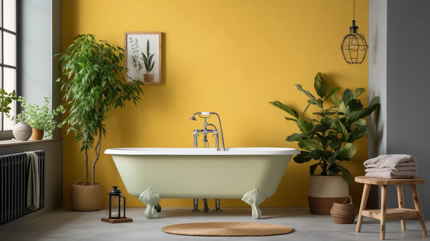 Bathroom Decor for Yellow Walls: A bathroom with yellow walls and a bathtub.