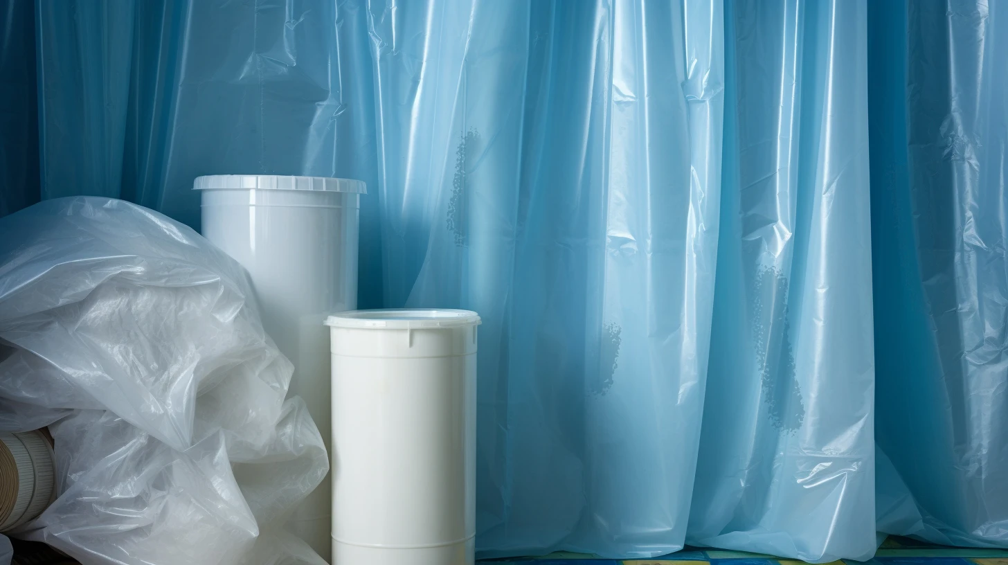 Can You Recycle Shower Curtain Liners? Plastic bags on a table in front of a blue curtain.