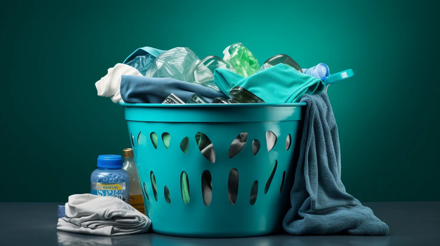 Can You Recycle Shower Curtain Liners? A laundry basket full of clothes and towels on a dark background.