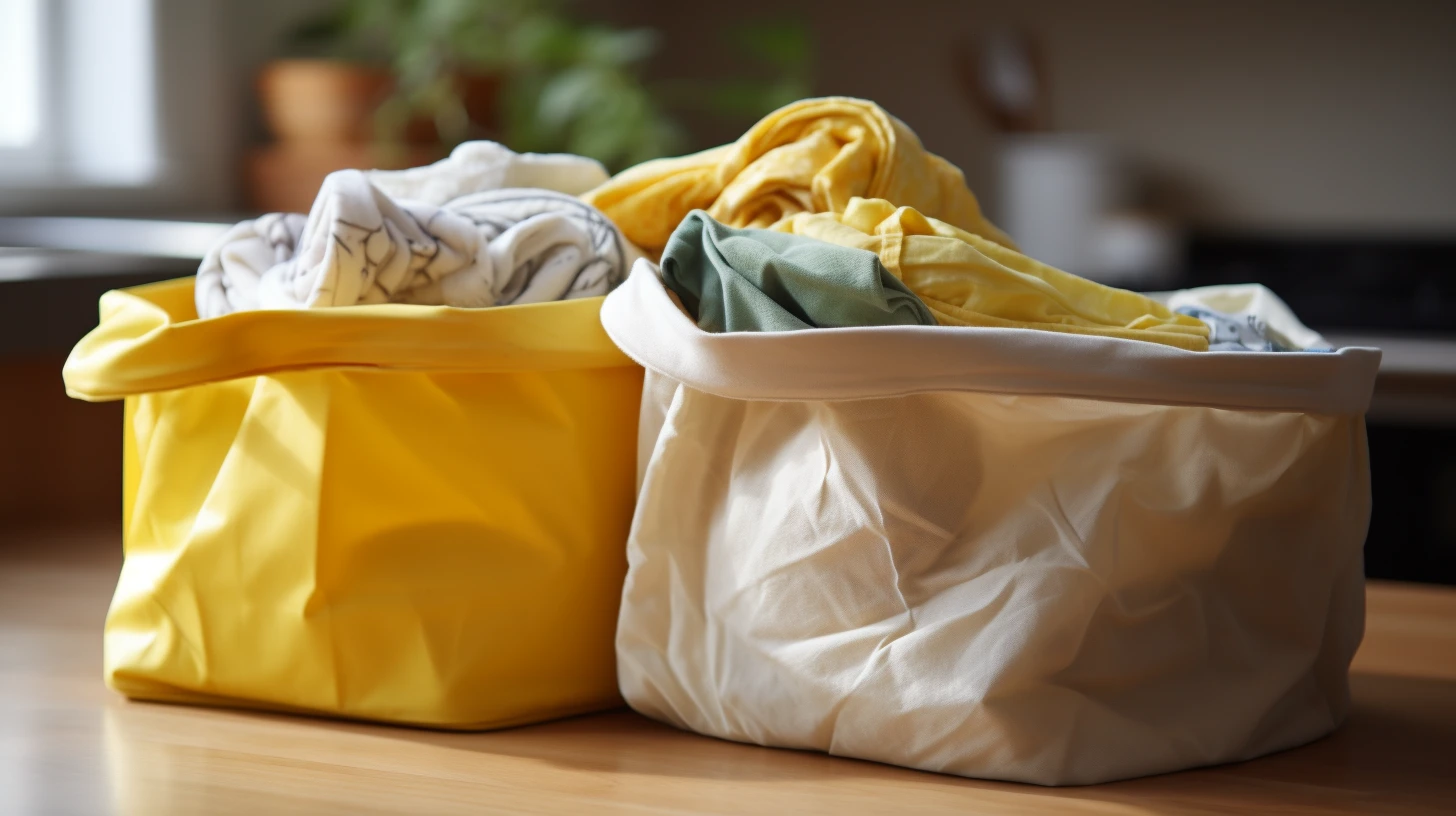 Can You Recycle Shower Curtain Liners? Two yellow and white trash bags on a wooden table.