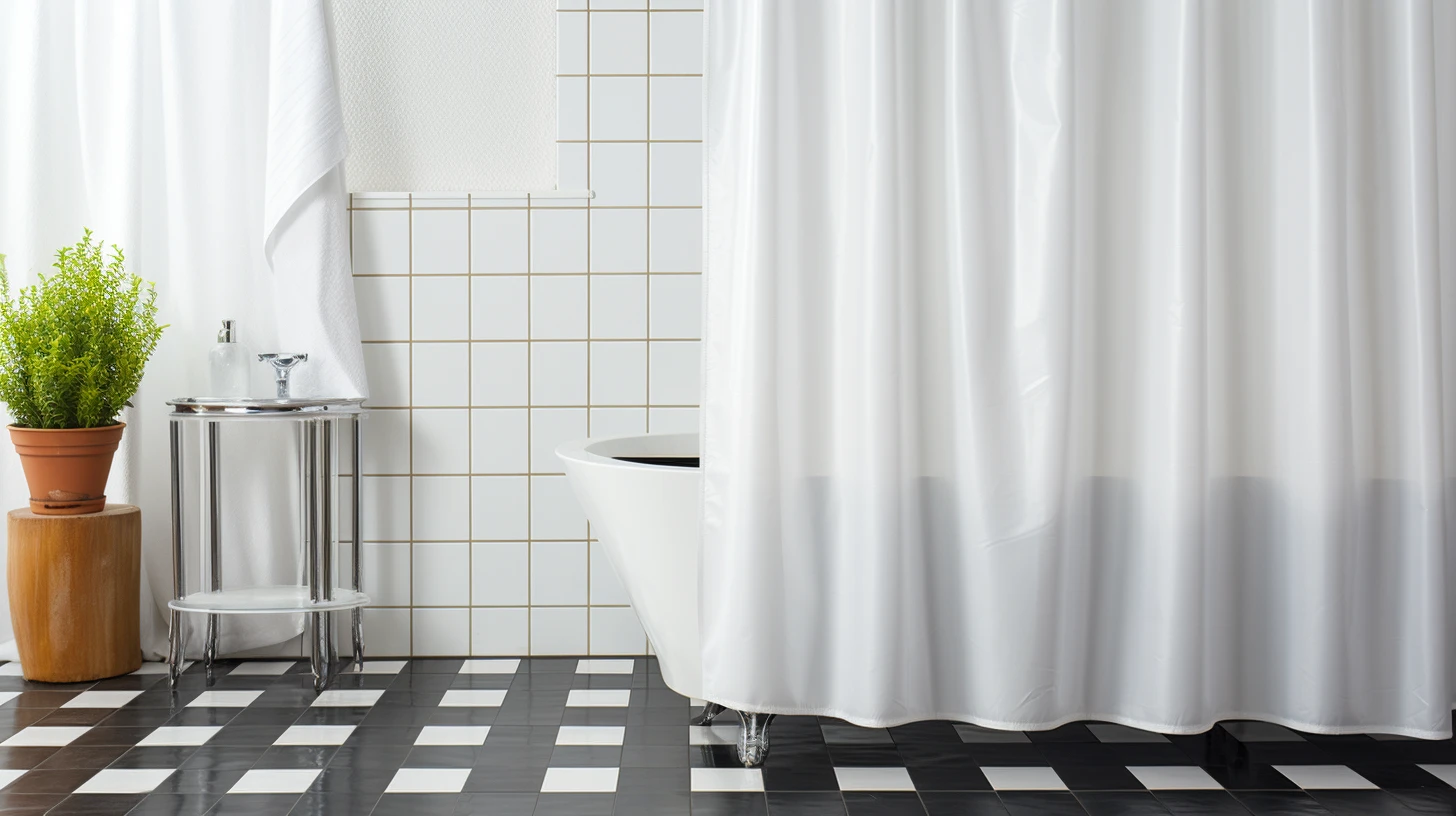 Can You Use a Shower Curtain Without a Liner? A bathroom with a white shower curtain and a black and white checkered floor.