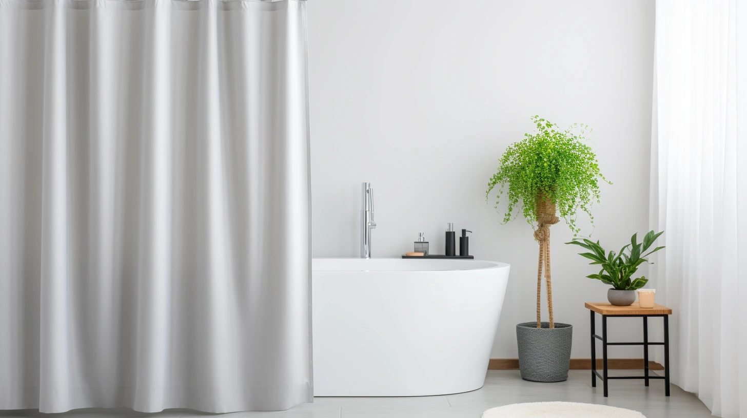 Can You Use a Shower Curtain Without a Liner? A bathroom with a grey shower curtain and a potted plant.
