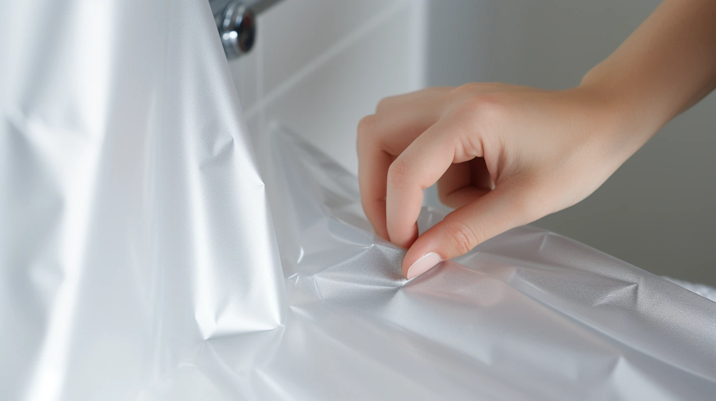 Can You Use a Shower Curtain Without a Liner? A person is putting a piece of plastic over a shower curtain.