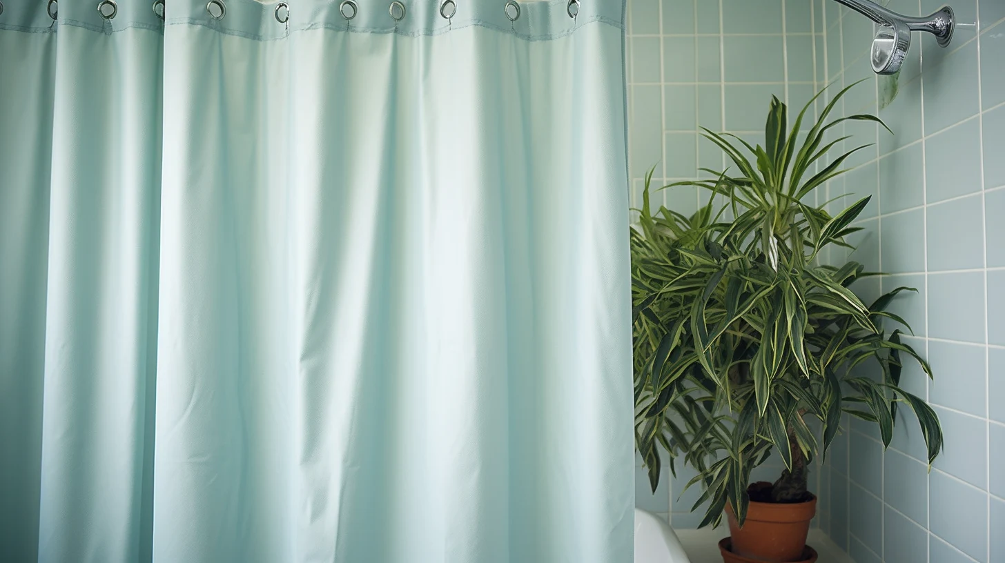 Can You Use a Shower Curtain Without a Liner? A blue shower curtain in a bathroom with a plant.