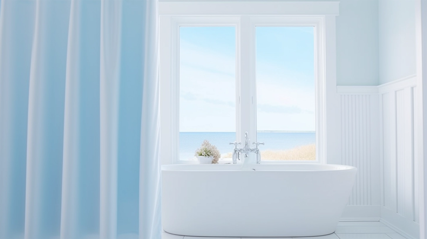 Can You Use a Shower Curtain Without a Liner? A white bathroom with blue curtains and a bathtub.