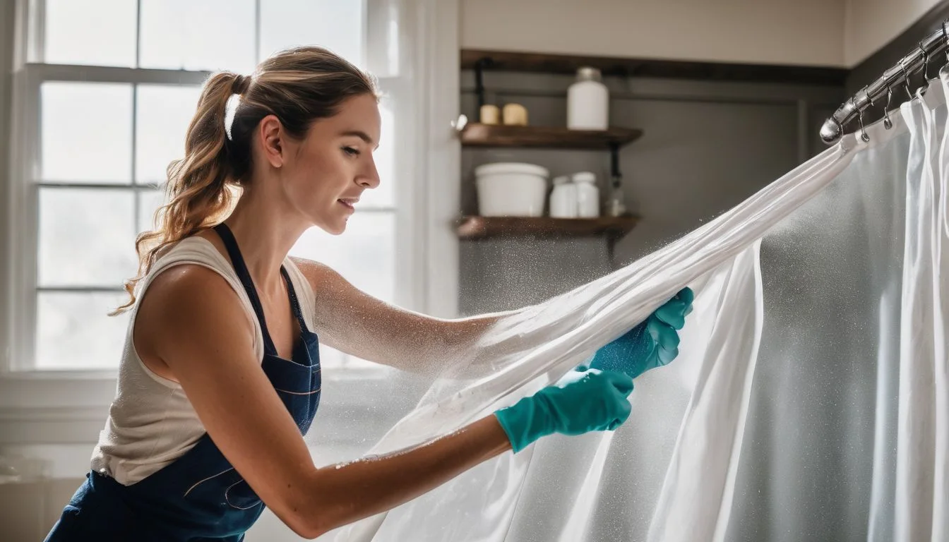 A woman is regularly cleaning a liner to prevent mold on a shower curtain liner.
