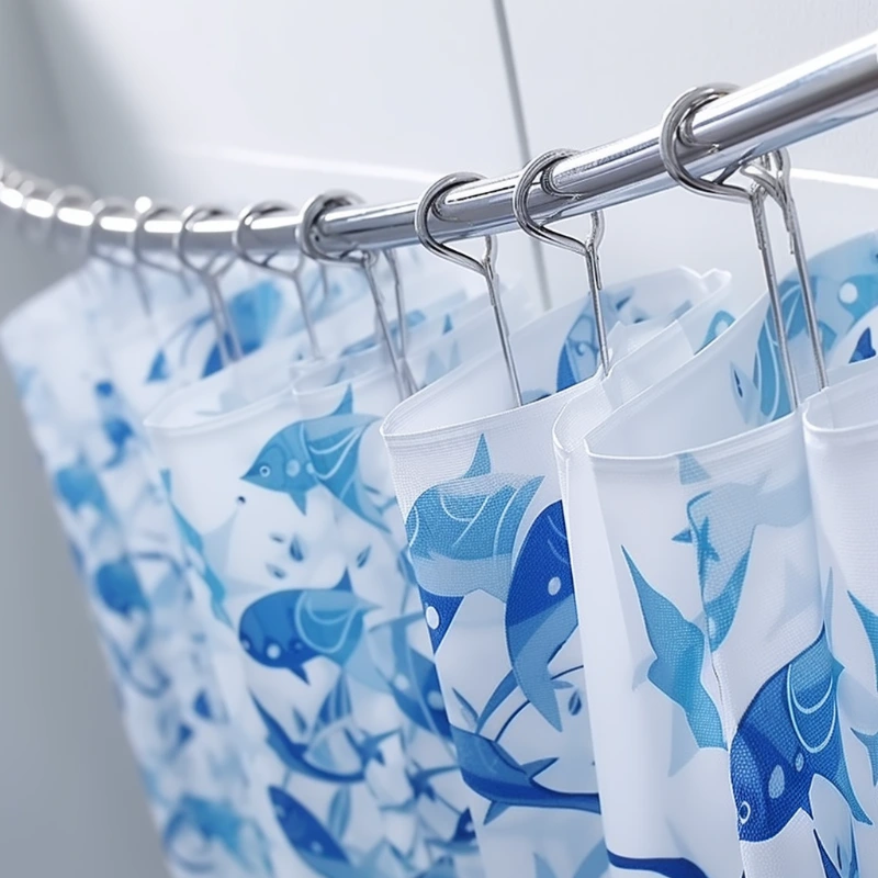 A blue and white fish curved shower curtain.