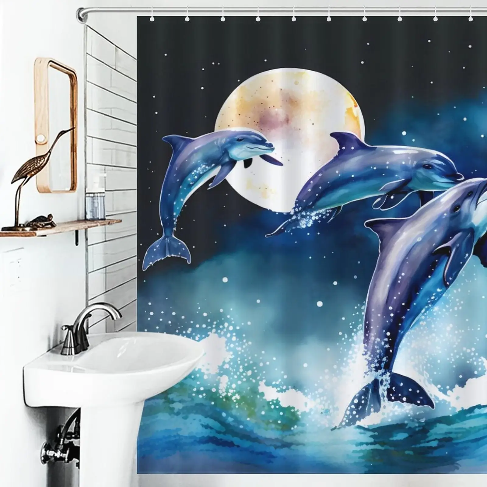 dolphins jump over the moon shower curtain