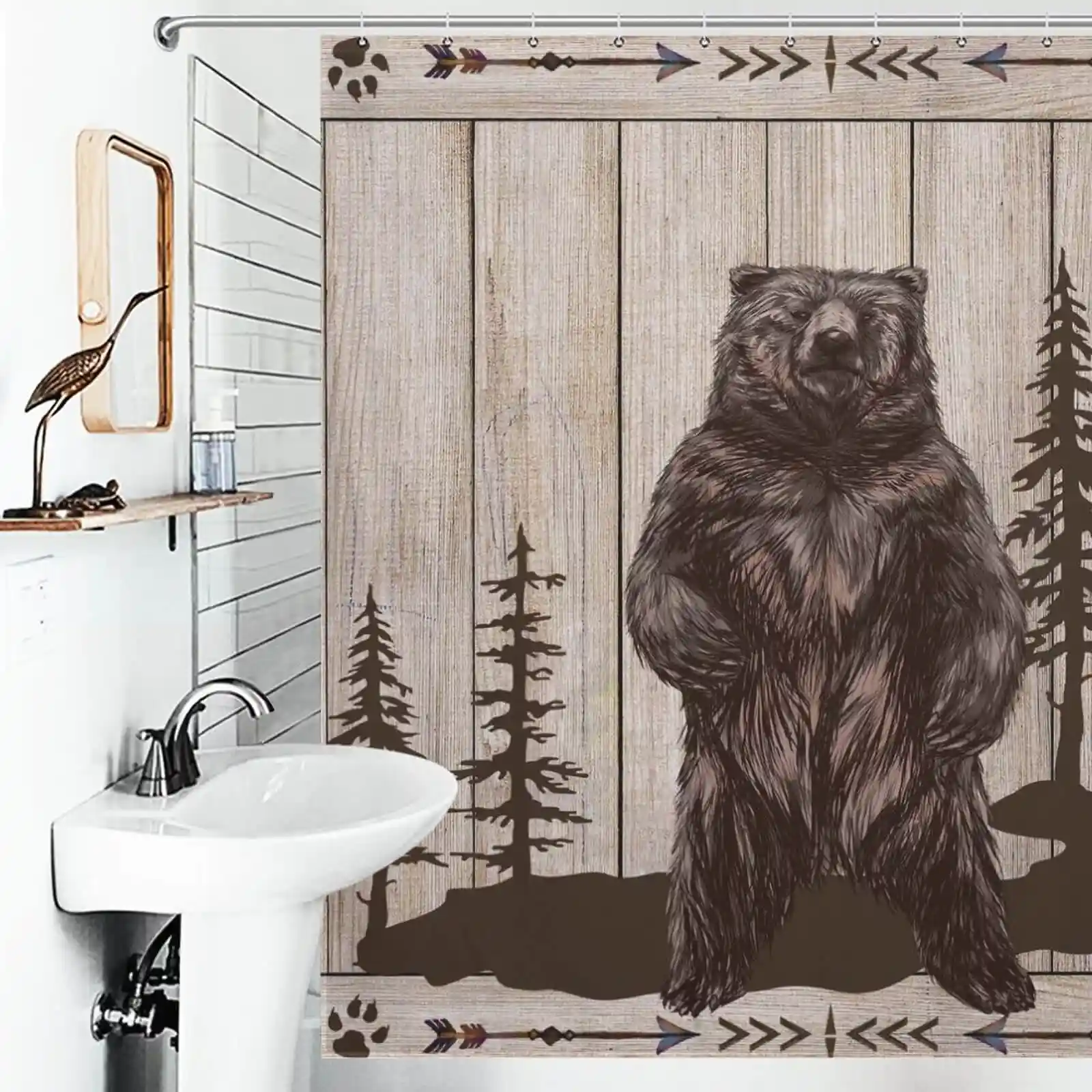 A shower curtain with a bear and arrows on it.