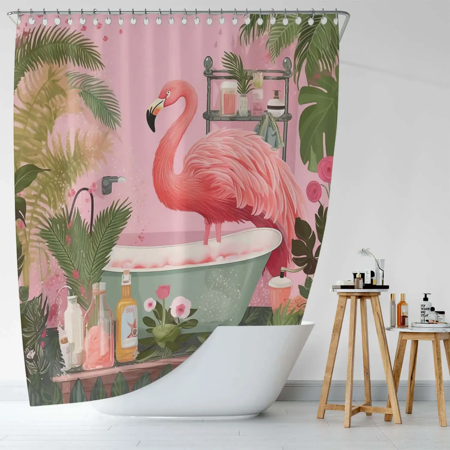 Pink flamingo shower curtain.