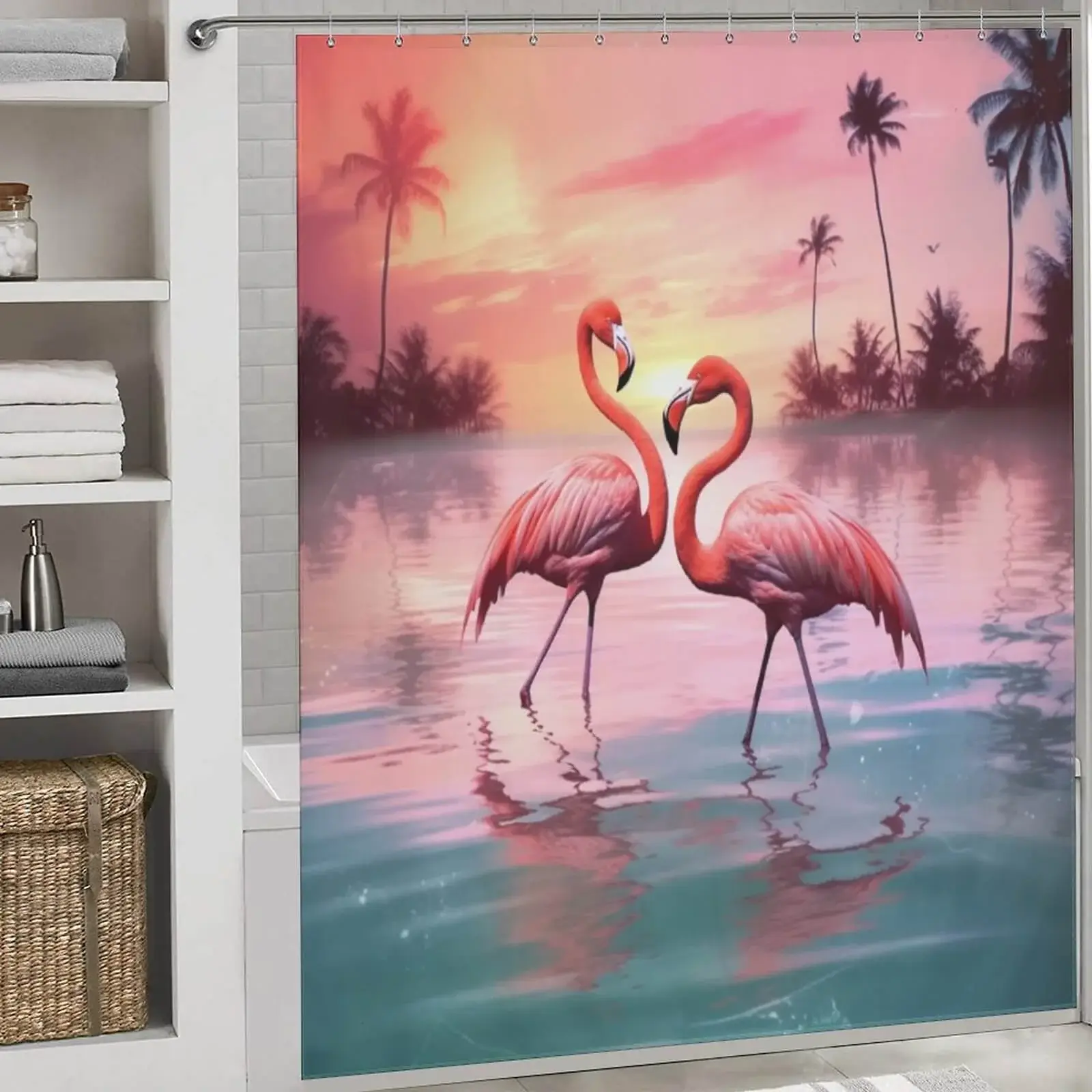 Flamingo shower curtain for white bathroom